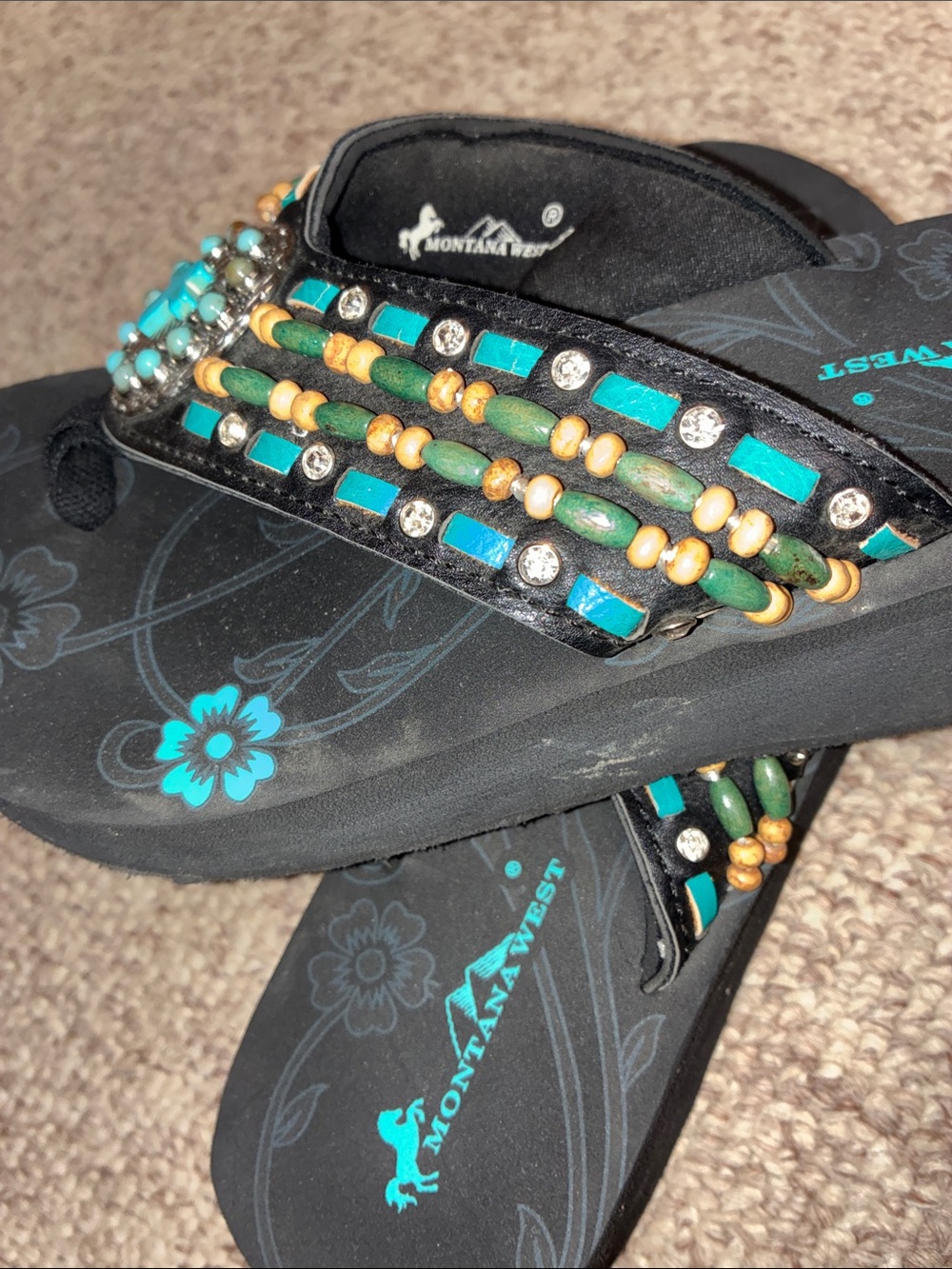 Montana West Black Flip Flops with Turquoise and Tan Beads - Picture 2 of 6